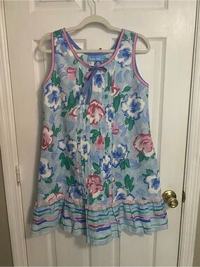 Vintage Coffee Time  Sleeveless Floral Sundress in Blue, Pink & Green